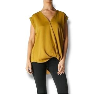 Ann Taylor Mustard V-Neck High Low Cap Sleeve High Low Flowy Wrap Blouse
